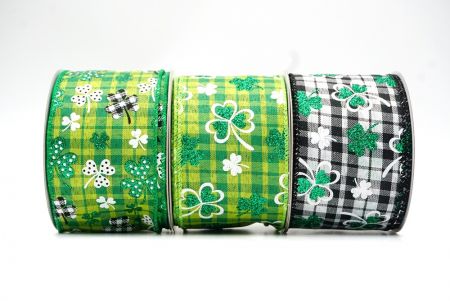Plaid Glittered Clover Leaves Wired Ribbon